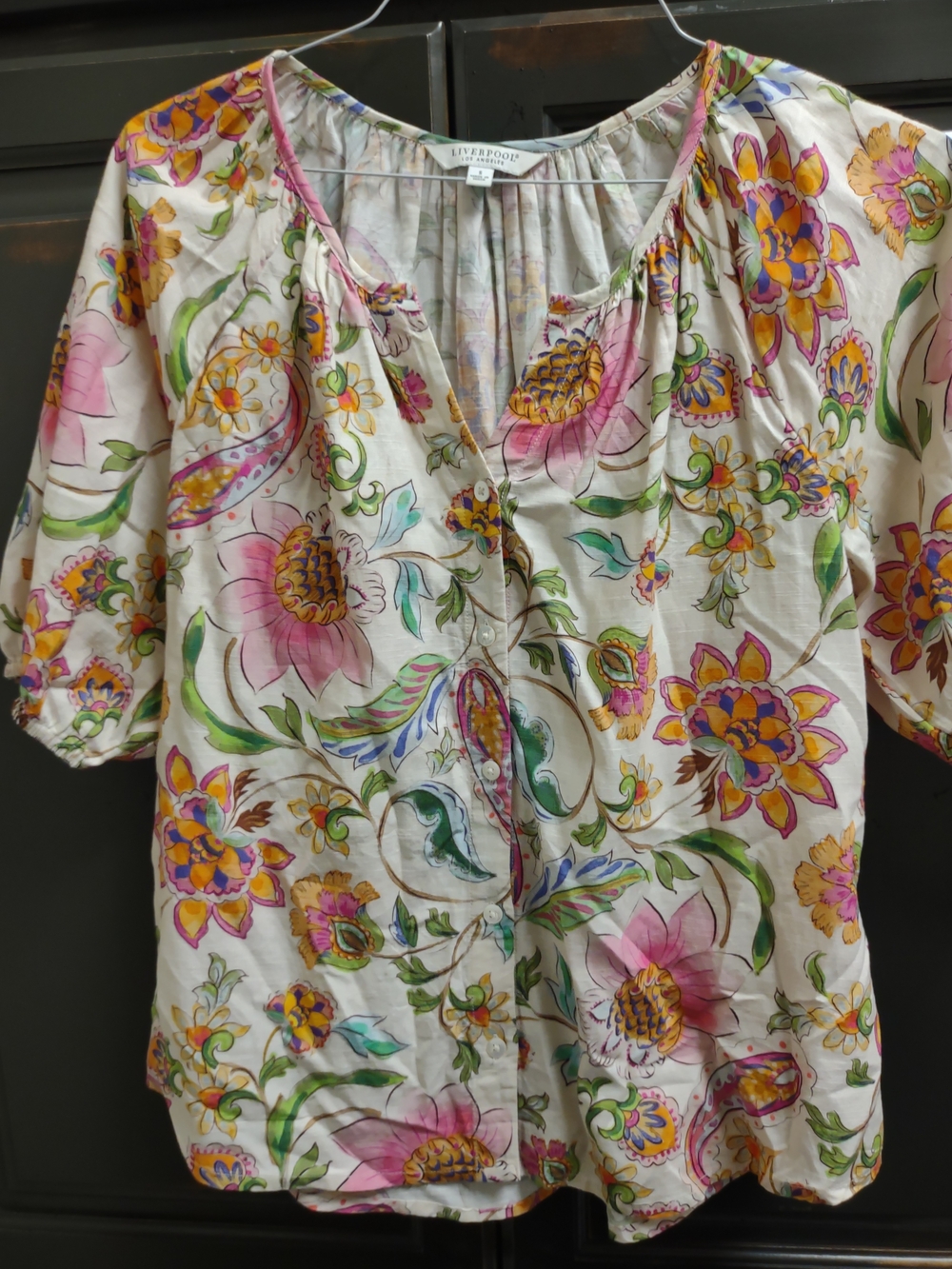 Liverpool Floral Button-Front Blouse in Pink, Green & Yellow